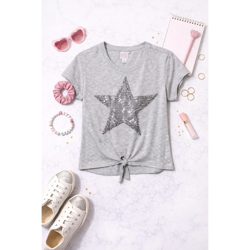 Girls Gray Canyon River Blues Sequins Star Tie Front‎ T Shirt Top Kids XL 18